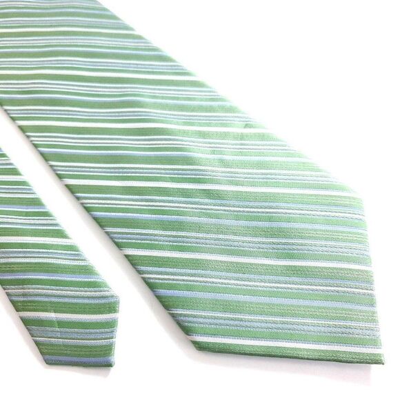 City Of London Green Blue Striped Woven Wide Silk Tie - Picture 1 of 8
